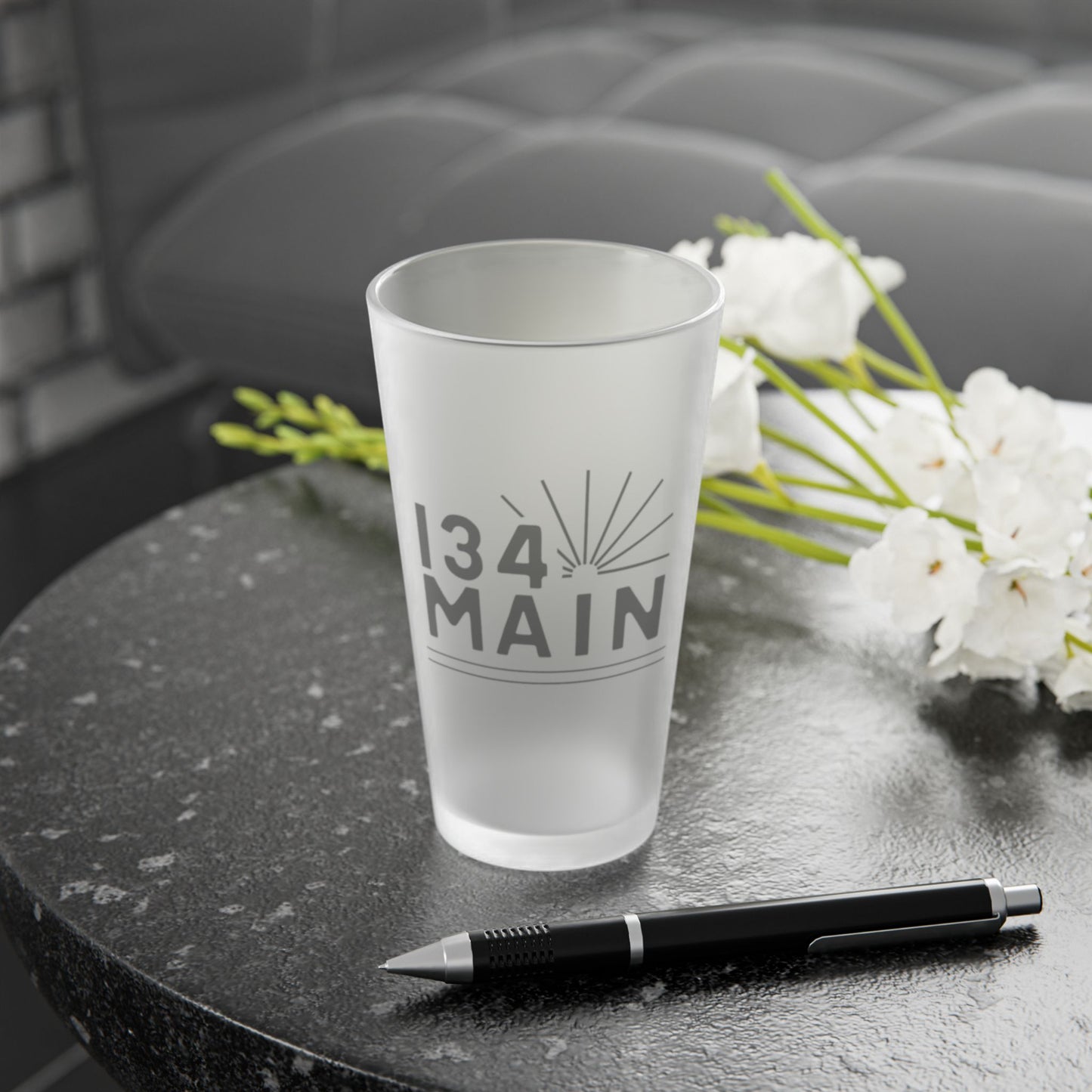 134 Main Frosted Pint Glass, Personalized Barware, 16oz Drinking Glass for Events, Custom Gift for Him, Beer Lover's Glassware